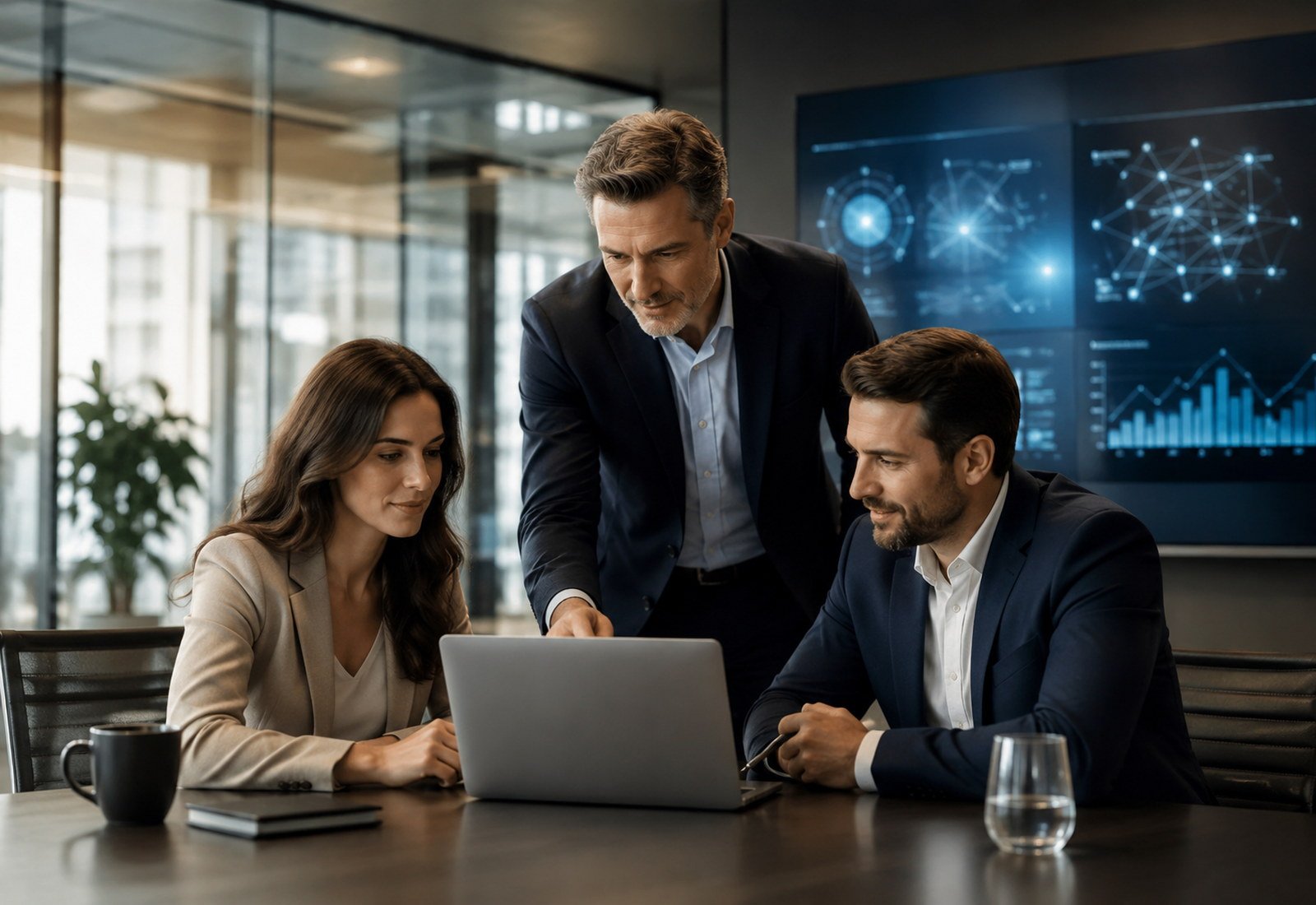 Consulting team collaborating in a bright office